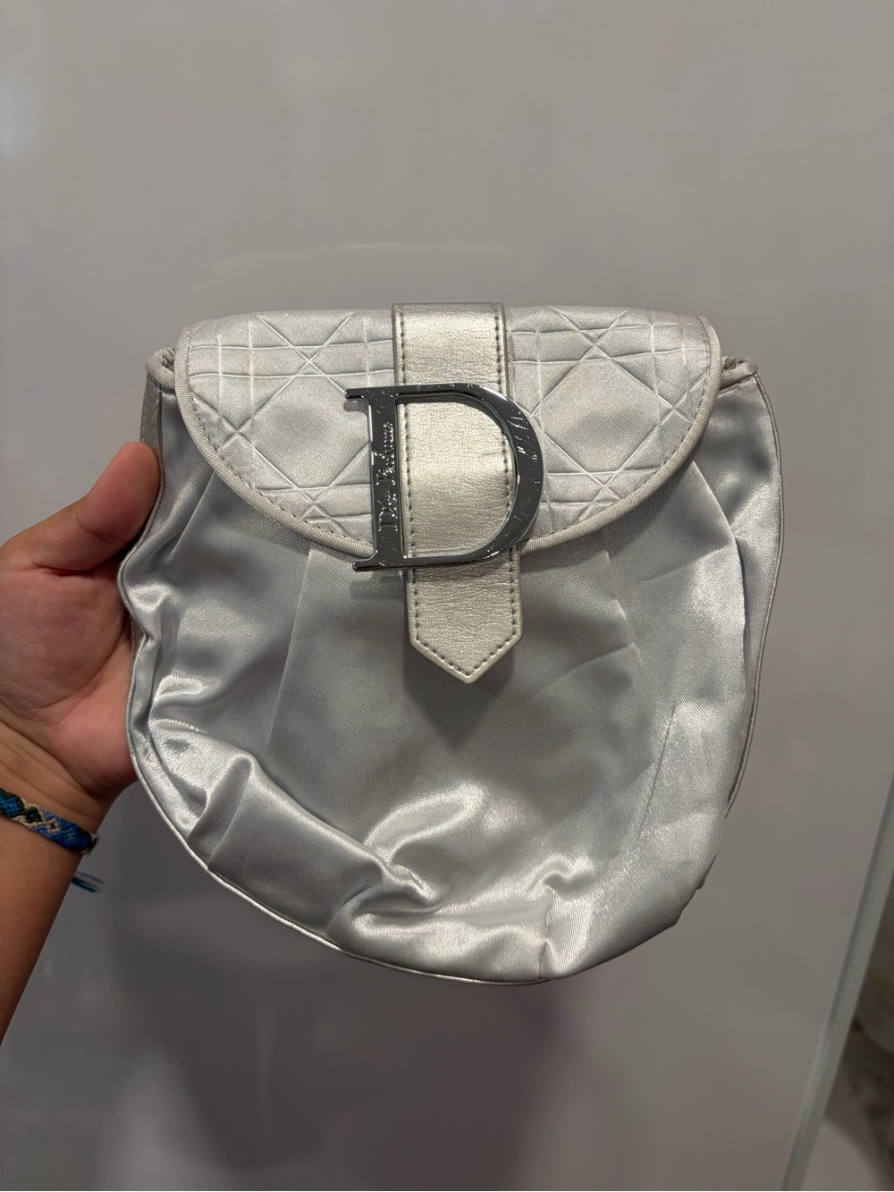 Christian Dior Silver Quilted Flap Shoulder Bag with D-Ring Accent